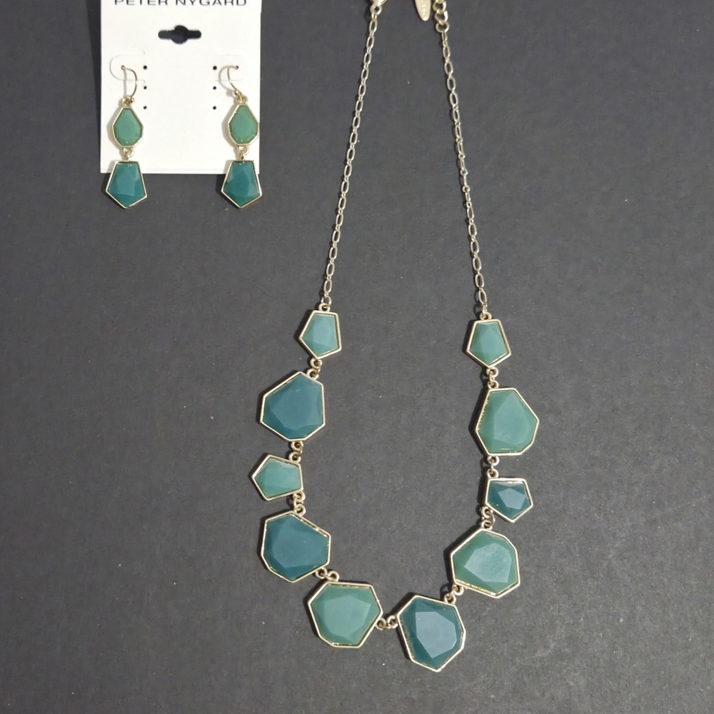 Peter Nygard Signed Panel Bib Teal, Green & Gold Necklace Set